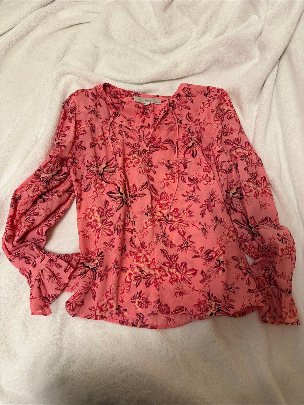 LOFT Rose Pink Floral Tie-Neck Long Sleeve Blouse